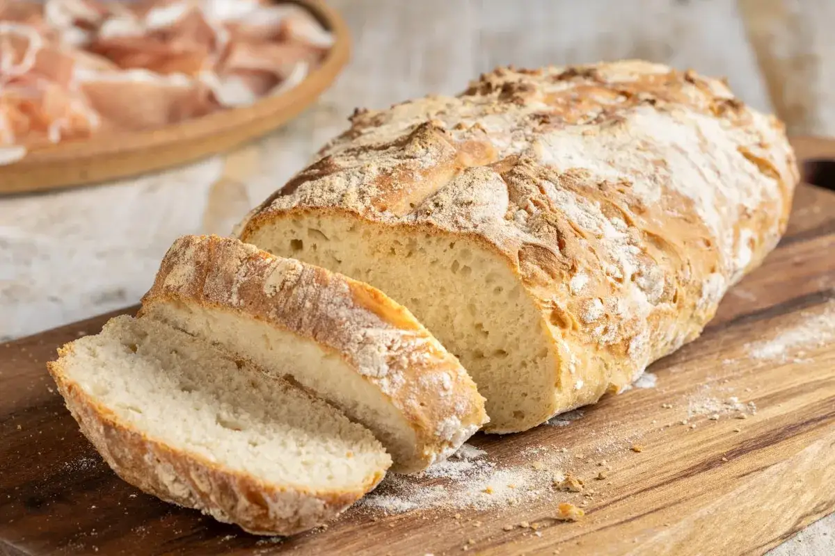 Pane fatto in casa, croccante fuori e soffice dentro, pronto per essere gustato con affettati.