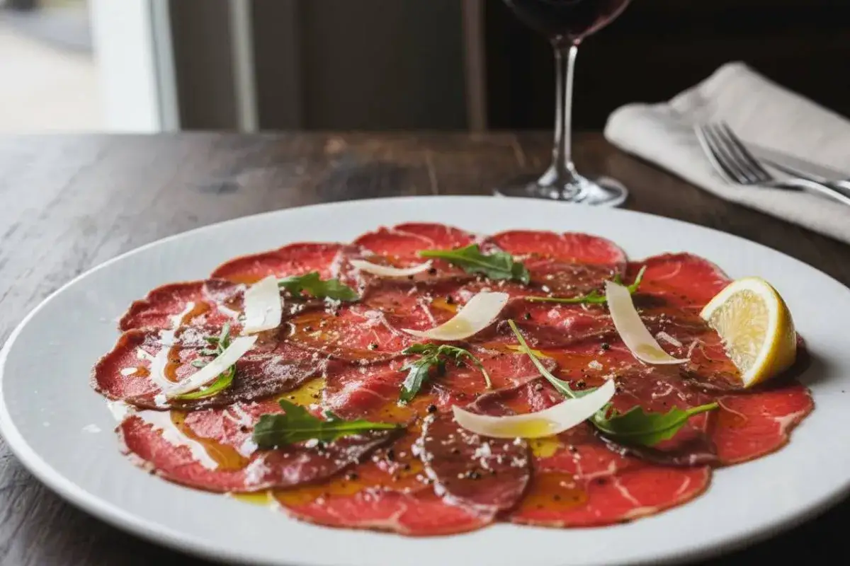 Delicato carpaccio di manzo su piatto bianco, condito con olio, scaglie di parmigiano, rucola e limone. Un bicchiere di vino rosso sullo sfondo.