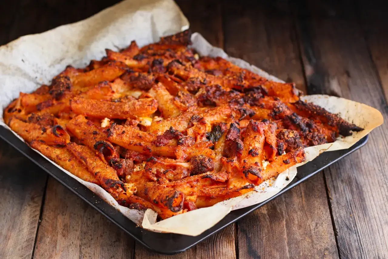 Un invitante pasta al forno, dorata e croccante, appena sfornata in una teglia su un tavolo di legno rustico.