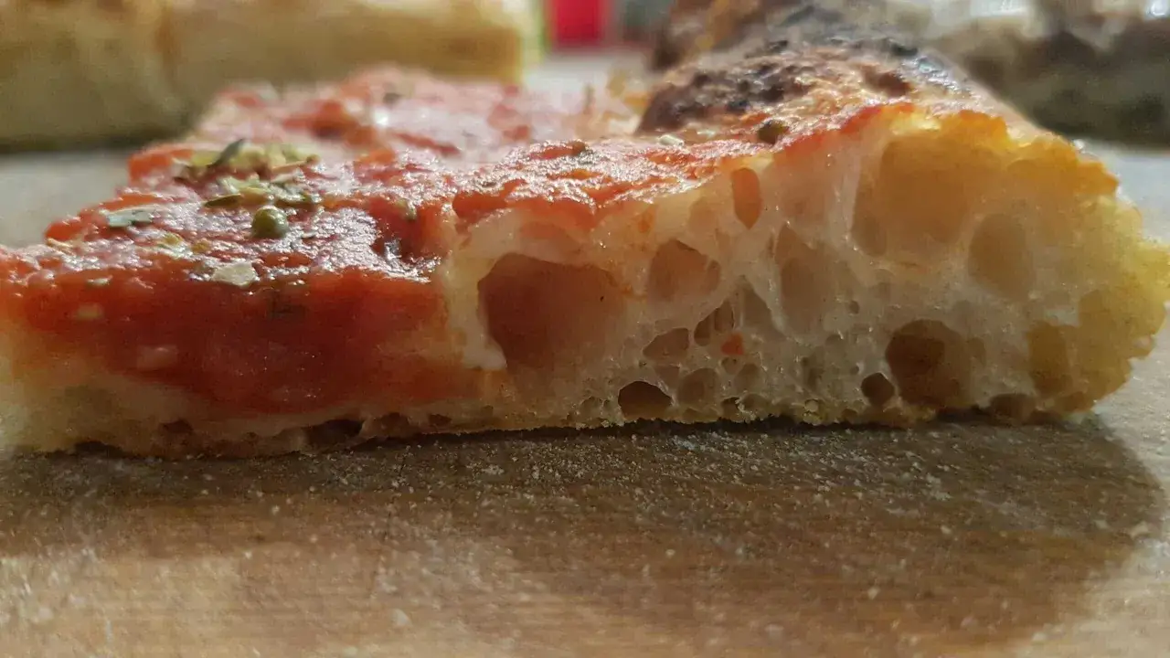 Fetta di pizza con pomodoro e spezie, la crosta mostra la perfetta alveolatura della pizza lunga lievitazione.