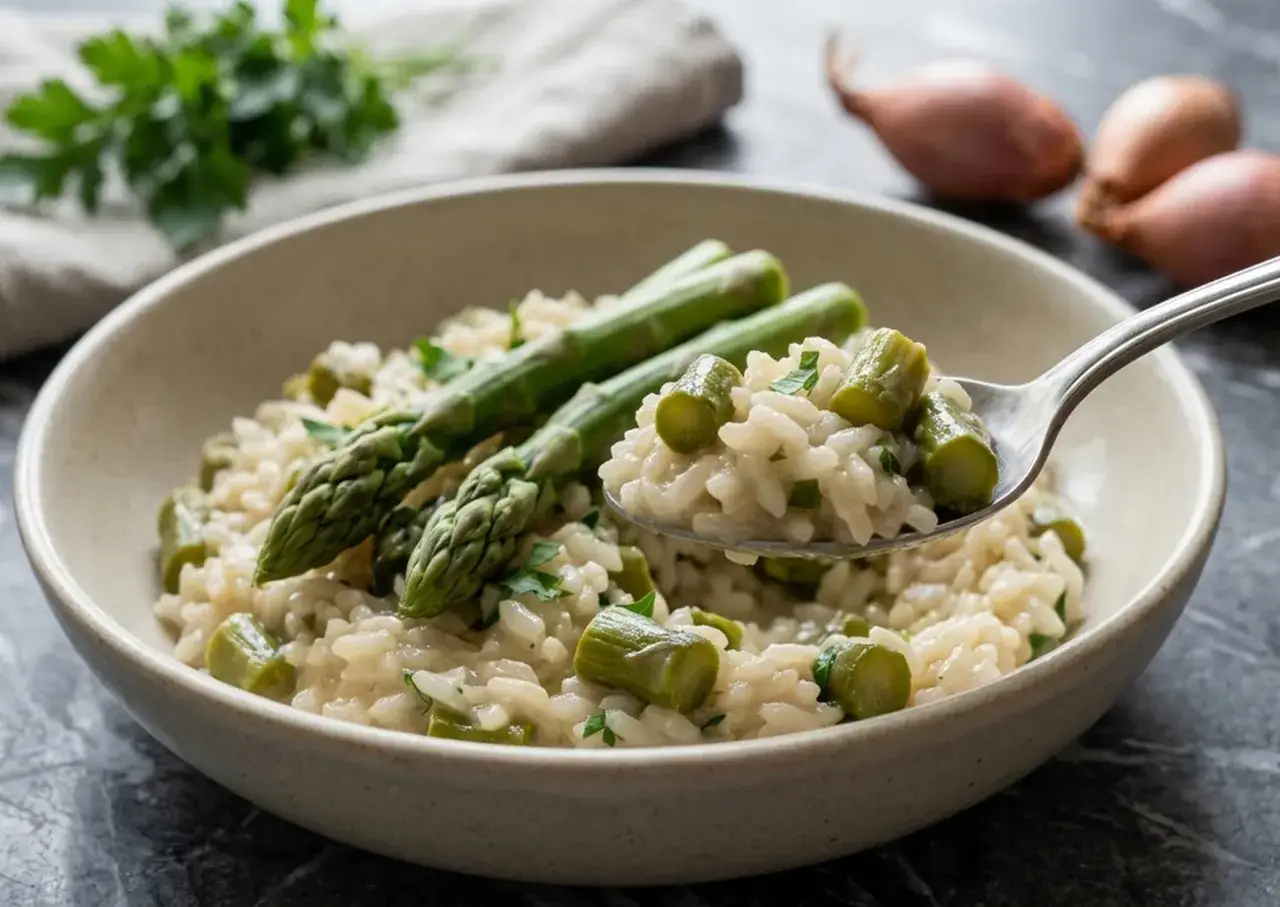 Un cremoso risotto con asparagi freschi, guarnito con prezzemolo tritato. Una forchettata mostra la consistenza perfetta.