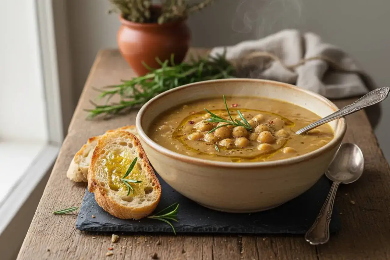 Una fumante zuppa di ceci, condita con olio e rosmarino, servita con fette di pane tostato.
