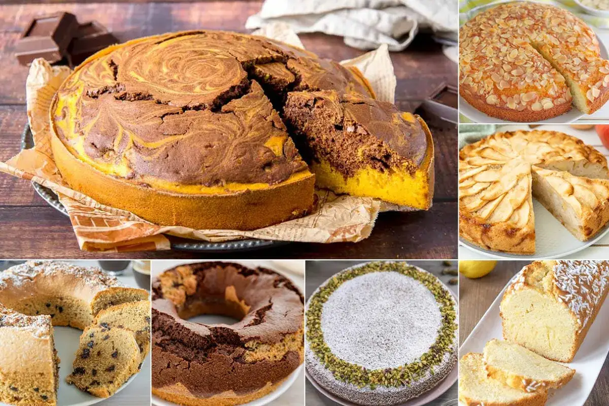 Varie torte per colazione: margherita, mele, mandorle, al cioccolato e con gocce.